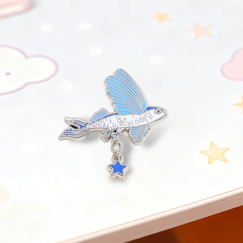 Flying Fish Shaped Enamel Pin Simple Animals with Stars Pendant Brooch Fish Enthusiasts Clothing Accessory Badge Decorative Pin