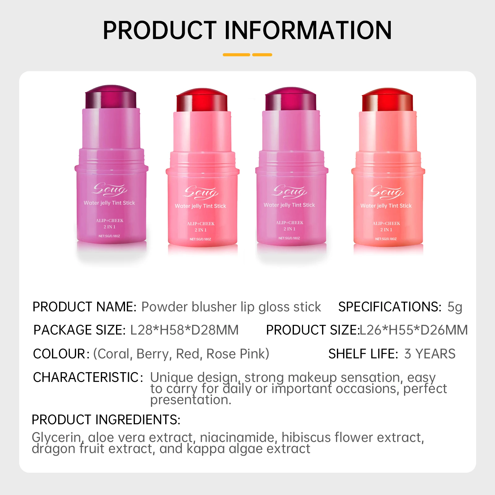 3-in-1 Tint Stick Oogschaduw, Lip & Wang Blush Hydraterende Langdurige Make-up voor Ogen/Gezicht/Lippen Beauty Gloss Stick 5g