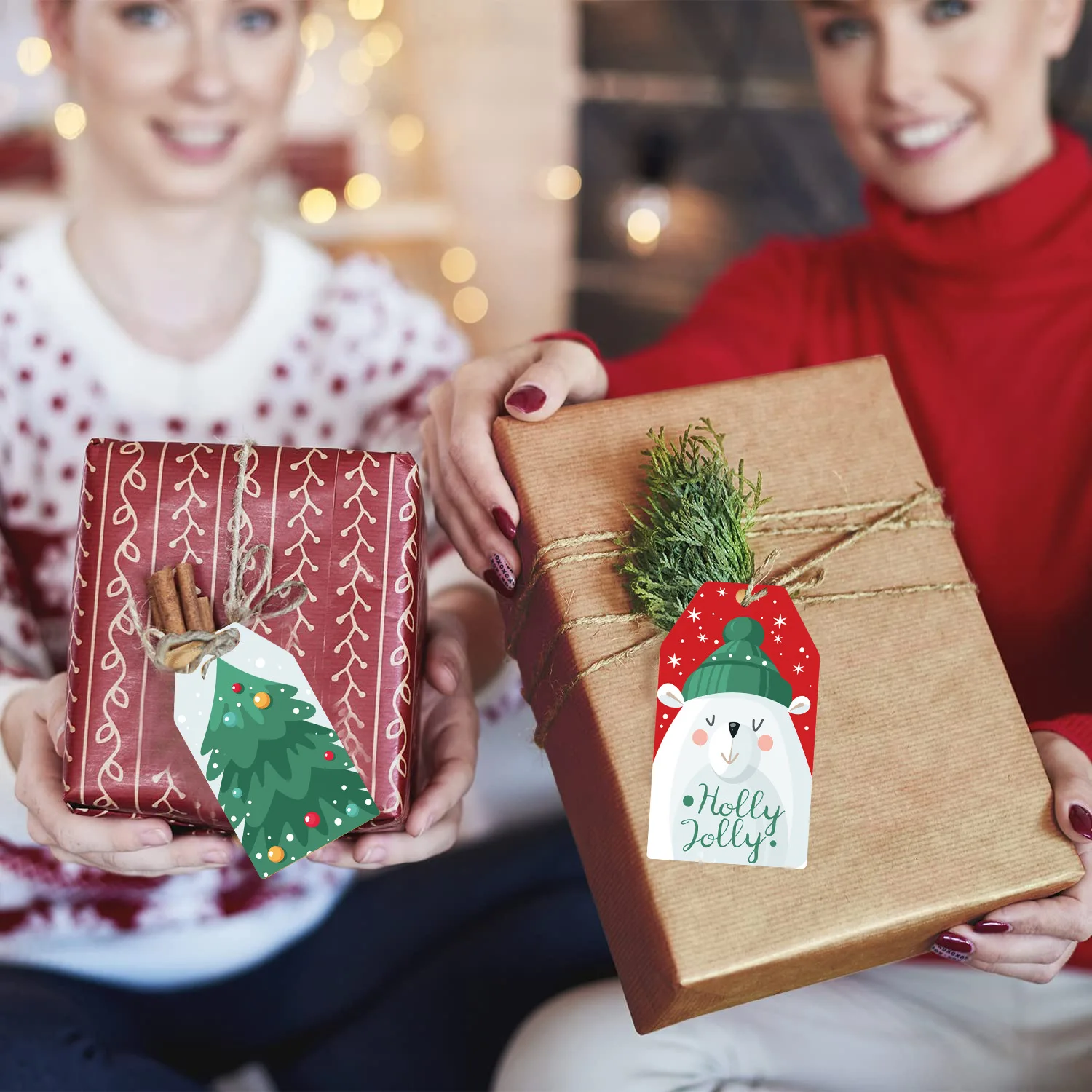 Etiqueta de regalo de Feliz Navidad, pingüino, alce, caja de dulces, etiqueta colgante, etiqueta de papel, artesanía de regalo de Navidad, cadena de tarjeta, decoración de árbol, 60 piezas