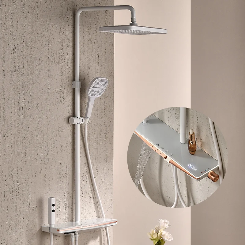 

Digital Display Waterfall Shower Set Bathroom Cream Smart Shower Apartment Ambient Light Large Shelf Booster Nozzle