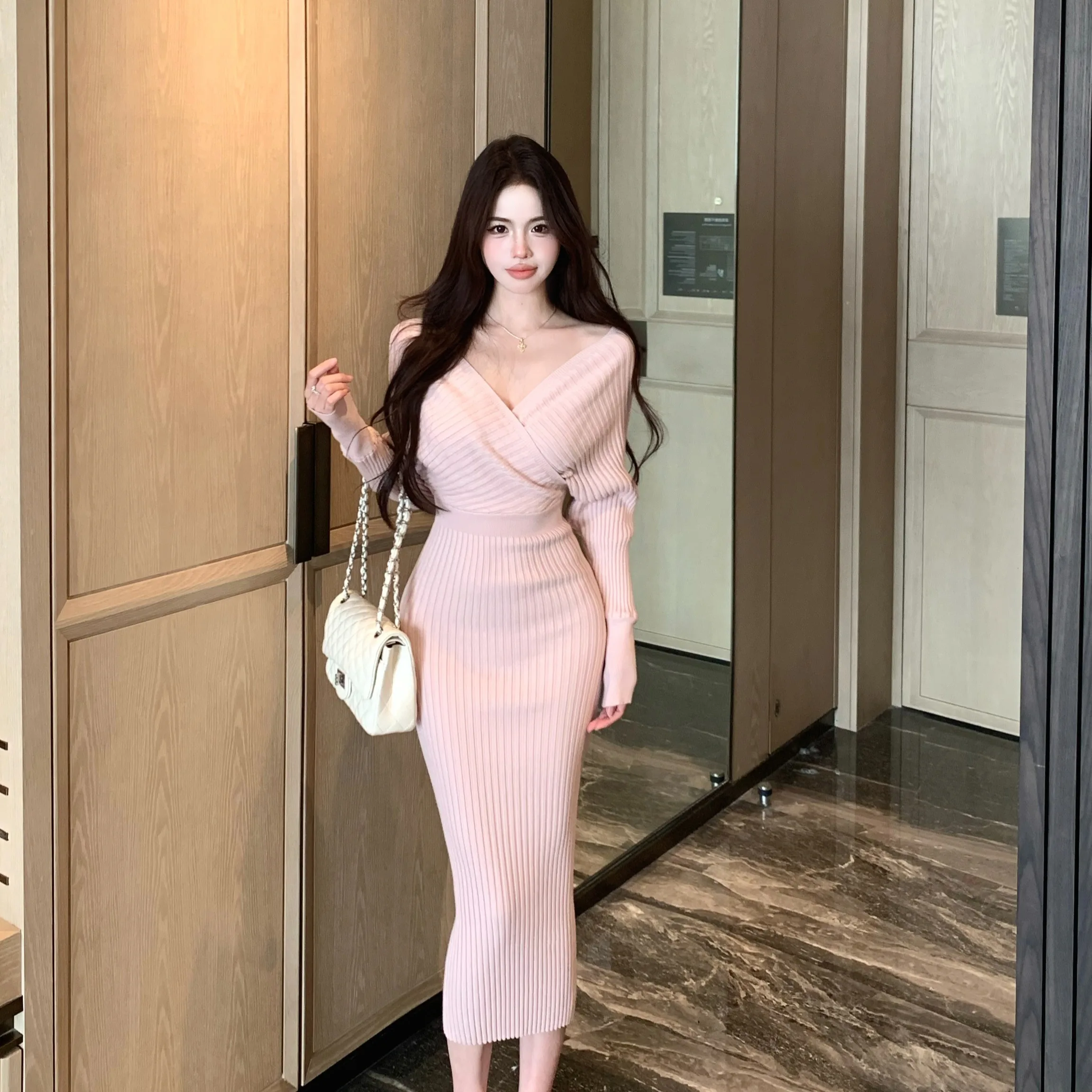 

Pure Desire Slim Fit Талия Высокая Талия Розовый Трикотажный Длинный Dr V Ne Женская Faion Весна Осень Зима Новый Sle H pe