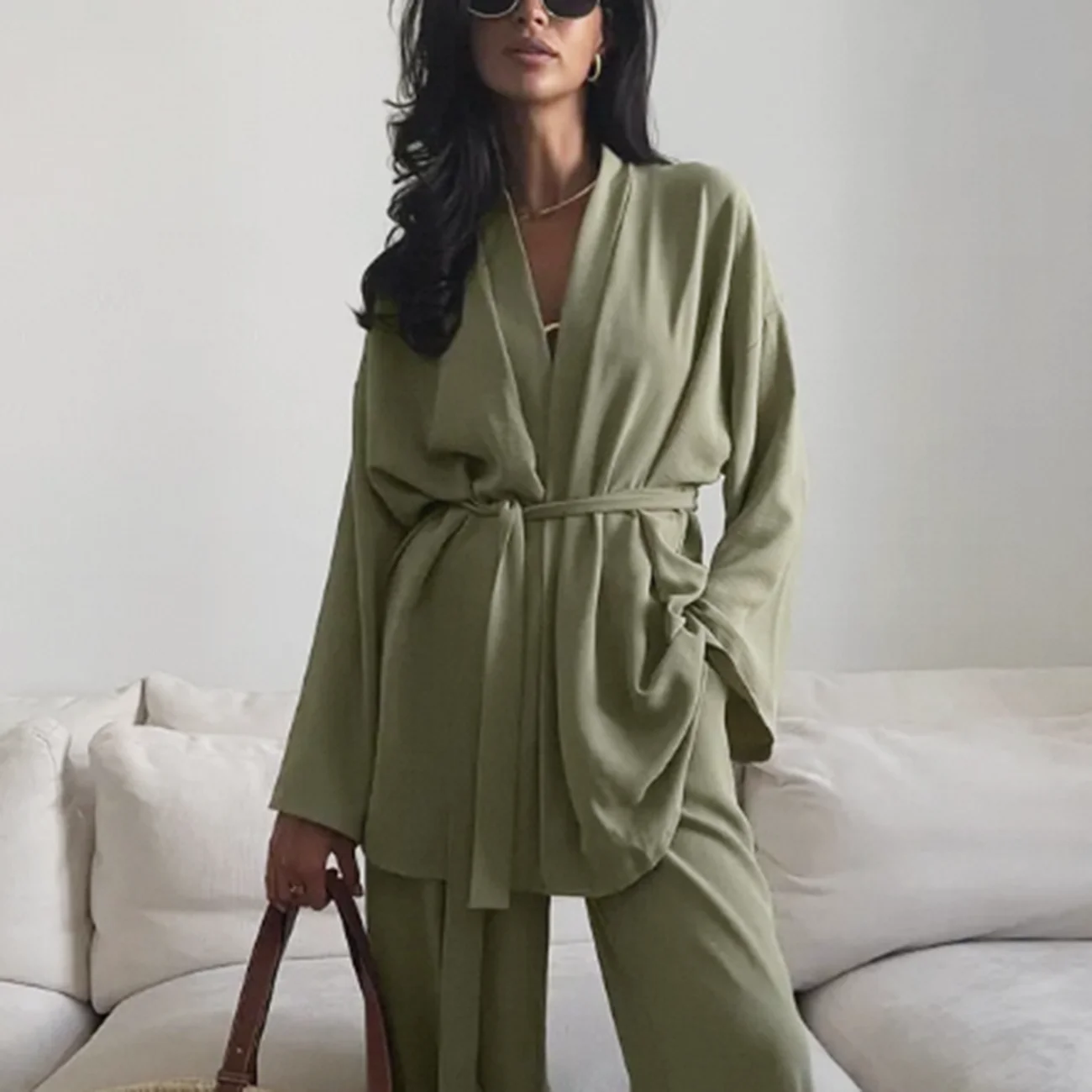 Conjunto de 2 Piezas WXOY Kimono para Mujer, Top Cruzado de Manga Larga con Cintura Ajustable y Pantalones Anchos, Atuendo Casual para Vacaciones, Traje Holgado para Descansar