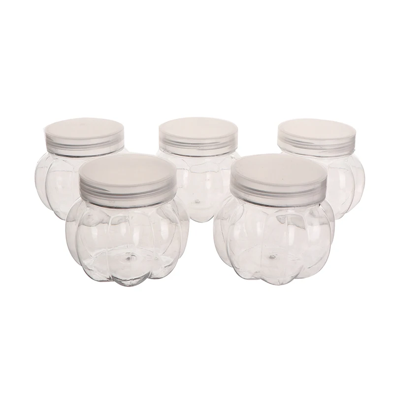 5pcs 150ml Pumpkin Jar Transparent Plastic Jar With Lid Candy Cookies Grain Tea Seasoning Storage Container Kithchen Supplies