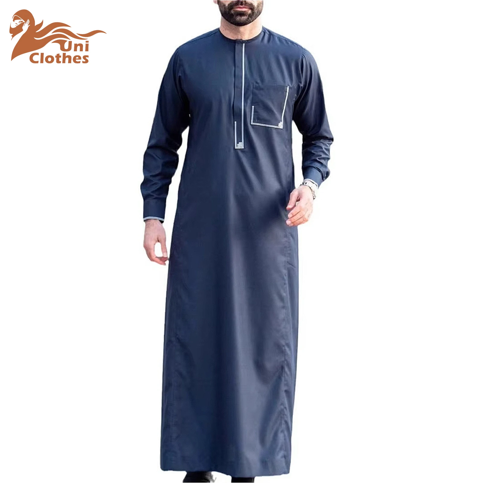 UNI muzułmańska męska szata Abaya z długimi rękawami w stylu etnicznym haftowana Thobe stójka arabska odzież męska islamska codzienna szata