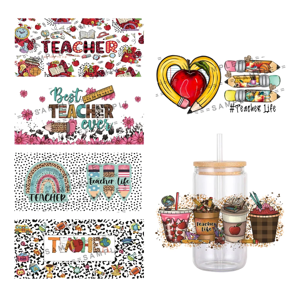 School Teacher Stationery Supplies Pattern UV DTF Transfer Sticker Waterproof Transfers Decals For 16oz Glass Cup Wrap Stickers