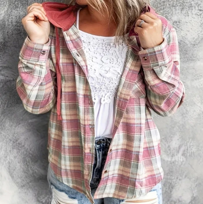 Jacket for Women 2024 Spring Fashion Contrasting Plaid Casual Long Sleeved Button Up Daily Hooded Jacket Top