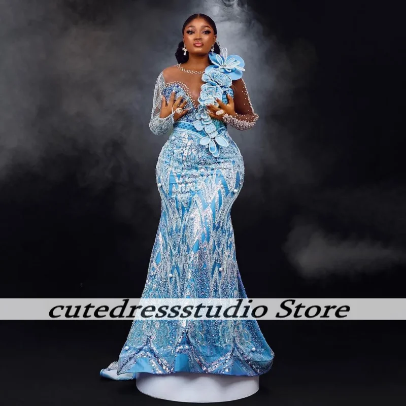 

African Aso Ebi Style Luxury Sequin Beaded Evening Dresses Sky Blue Mermaid Prom Gowns Females Wedding Party Dress Customized