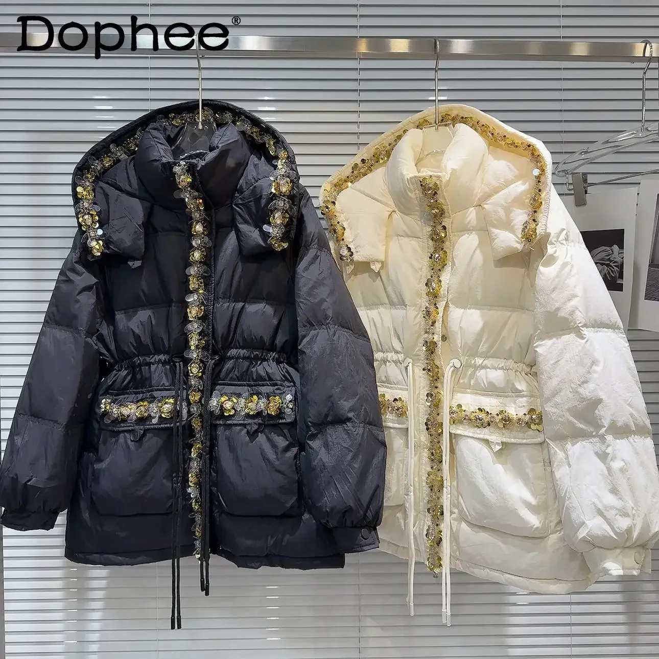 2024 Winter New Heavy Industry Gold Sequined Edge Drawstring Waist Warm Mid Length Hooded Down Jacket Women Puffer Jacket