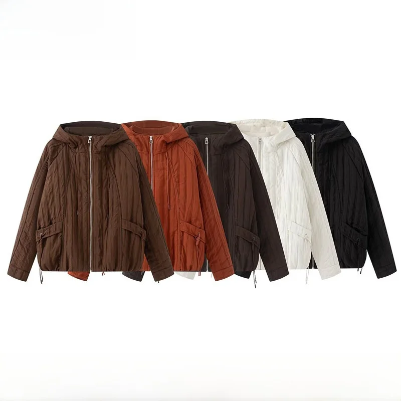 Early Autumn New Women's Fashion Polyester Fiber Hooded Zipper Jacket Striped Pattern Double Line Casual Loose Style Coat