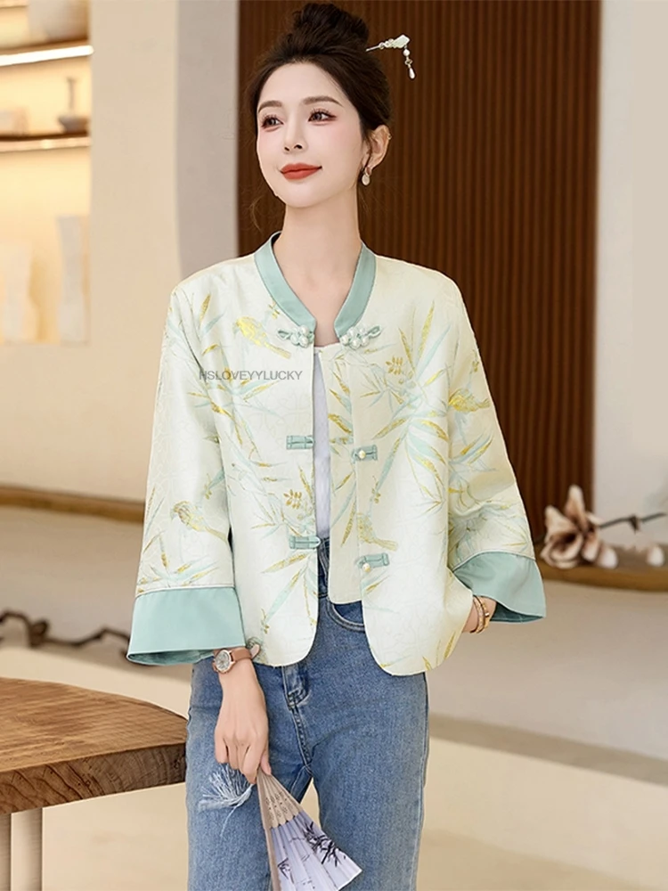 

New Chinese Style Short Coat For Women Retro Stand Collar Long Sleeve Cheongsam Button Embroidered Jacquard Tang Suit Top