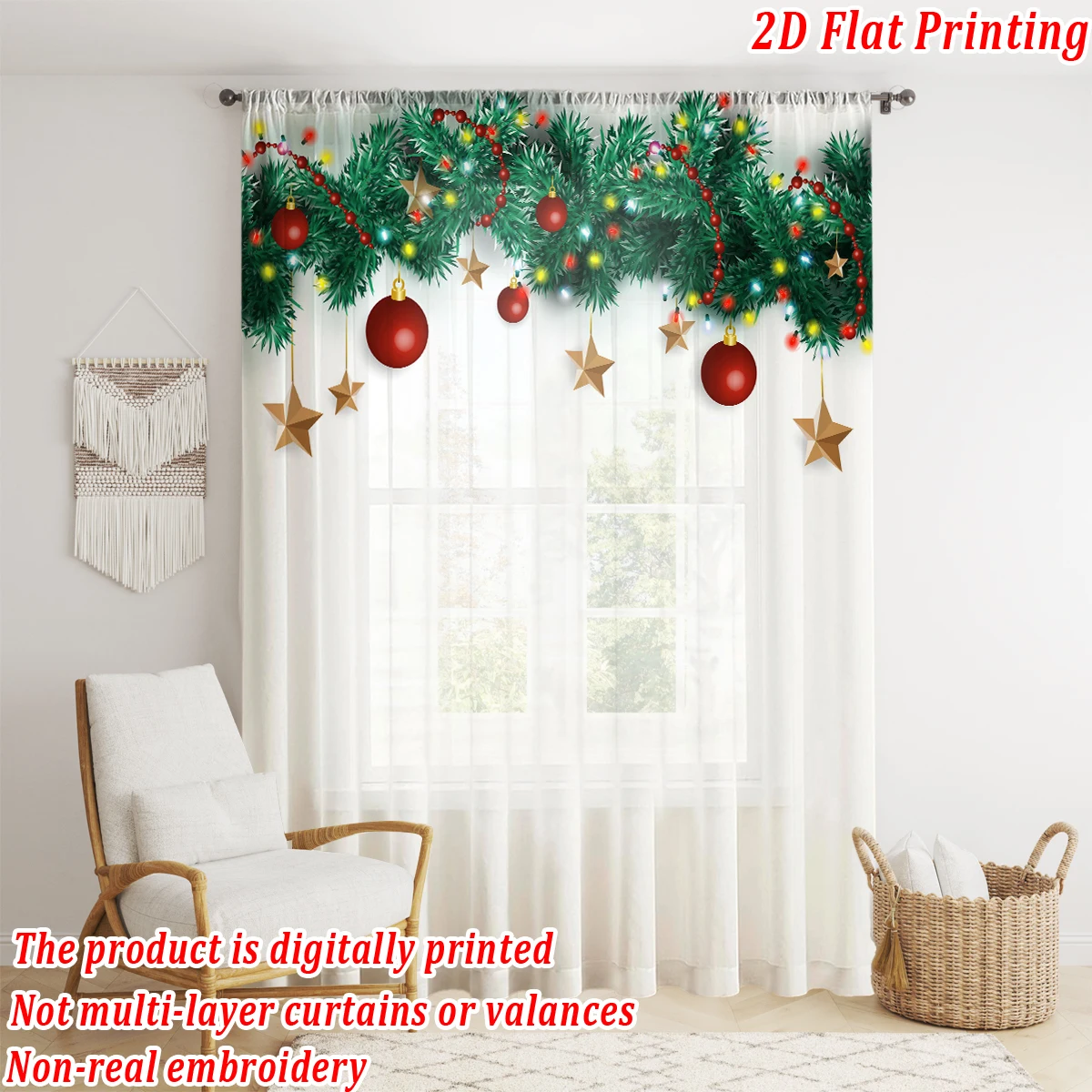 Tenda velata con stampa piatta natalizia con palla di Natale, ornamento a stella, ramo di pino per decorazioni per la camera da letto del soggiorno, feste