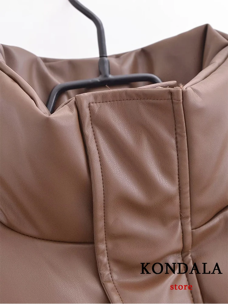 KONDALA Chic Casual Solid Brown PU Zipper Women Parka Jacket Fashion 2023 Vintage Streetwear Winter Down Coat Cool Warm Outwear