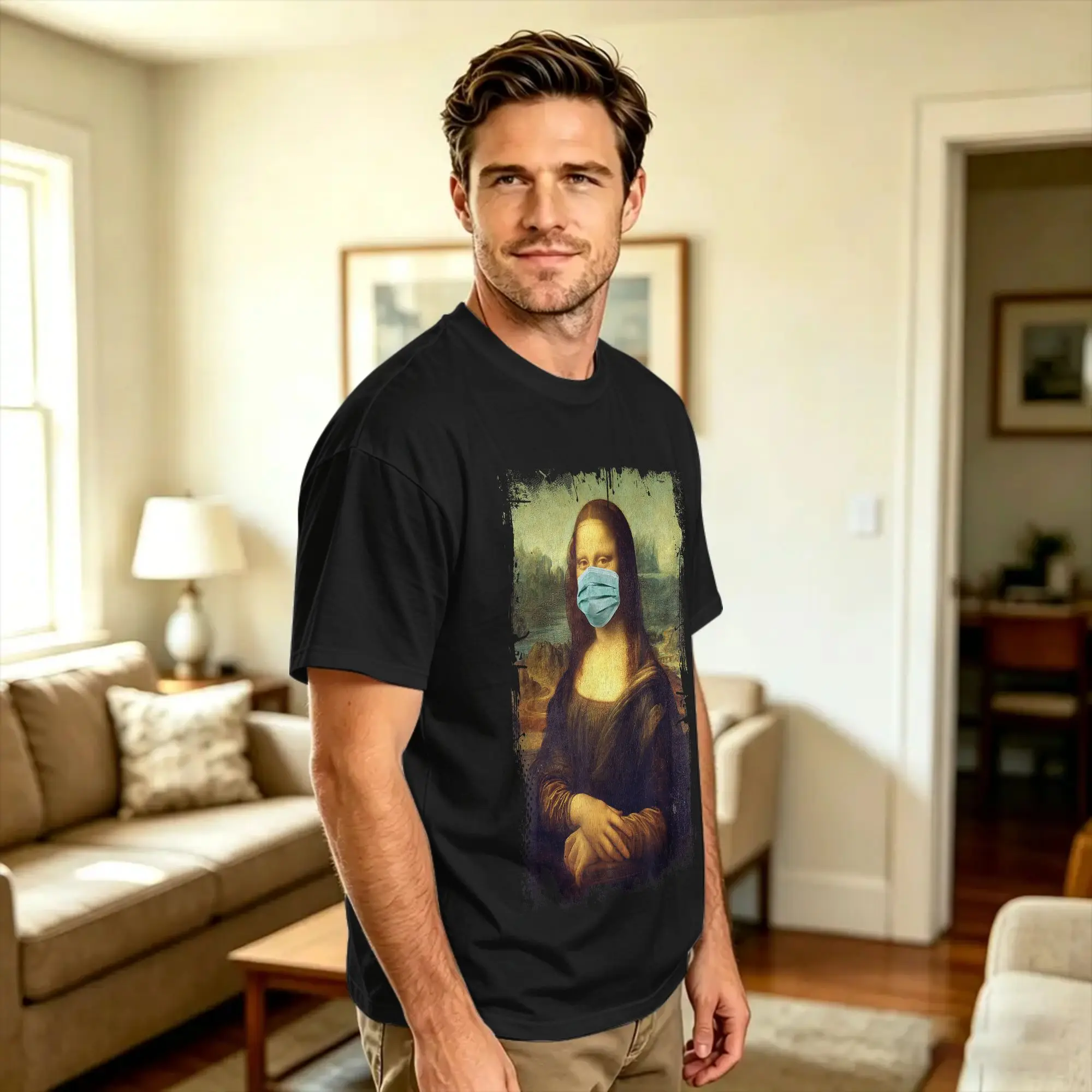 Mona Lisa With Mask Funny Famous Painting Quarantine T Shirt Men's  Vintage T Shirts Summer Breathable Hipster Tees Hot Sale