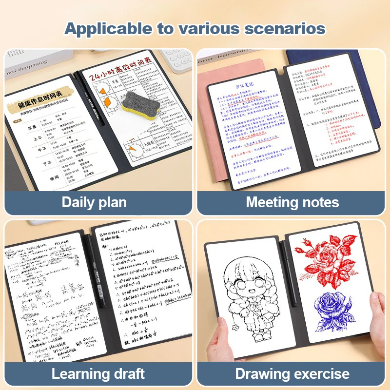 دفتر مذكرة للسبورة البيضاء مقاس A5 قابل لإعادة الاستخدام مع قلم سبورة بيضاء مجاني لمسح القماش وأجهزة الكمبيوتر المحمولة الأسبوعية