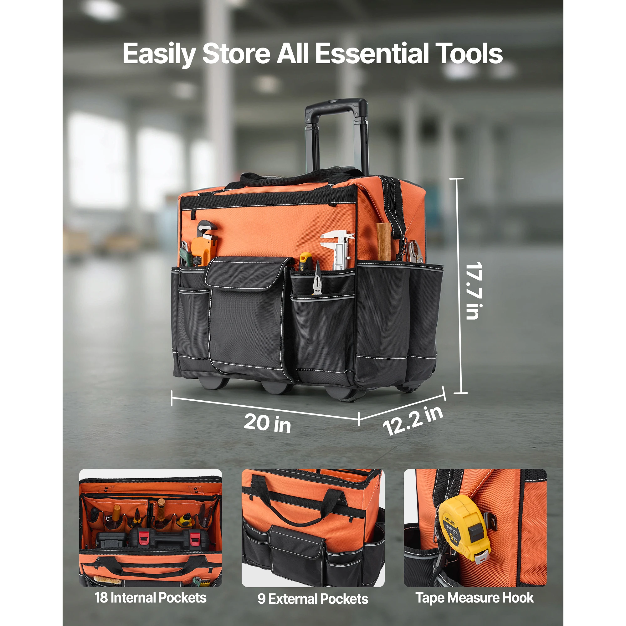 SucceBuy 110 lbs Rolling Tool Bag 27 Pockets Roller Tool Bag on Wheels with Adjustable Telescoping Handle for Construction Tools