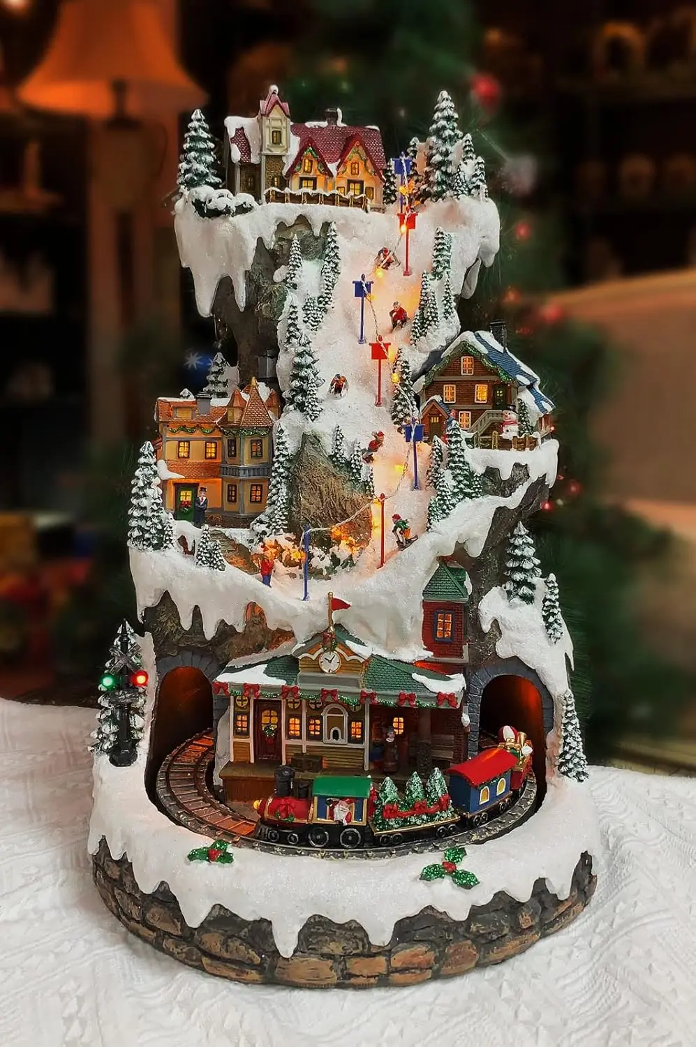 20.5“H Ski Resort Mountain Resin Christmas Village Buildings, Featuring LED Lights, Christmas Music