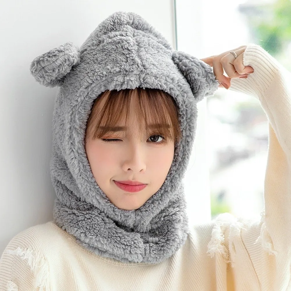 

Casual Cute Bear Ear Hat Scarf Windproof Cartoon Winter Warm Hedging Cap Korean Style Solid Color Plush Hat Scarf Outdoor