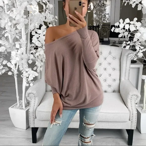 Women\'s Top Long Sleeve T-shirt Autumn 2024 New Fashion Off Shoulder Solid Color Pullover Casual Elegant Commuting Style