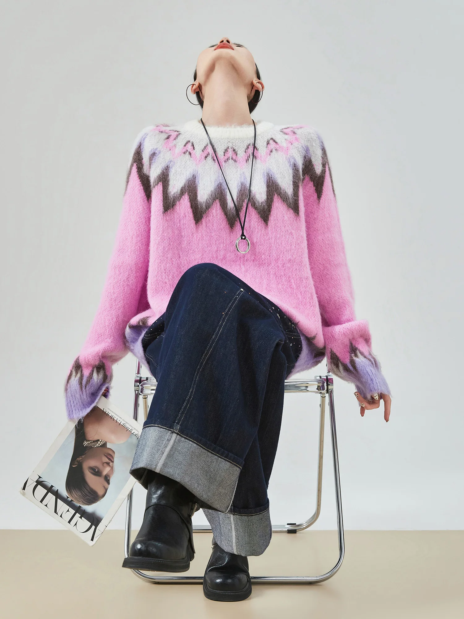 

Dopne Pink adient Sawtooth round Ne Pullover Thiened Lazy Sle Women's Knitted Sweater Comfortable Loose Fit Winter...