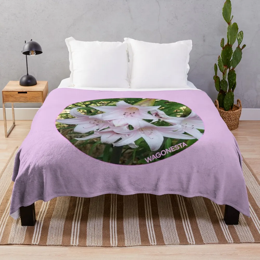 

Floral Pink Lilies Wagonesta Throw Blanket Flannel Fabric For Decorative Sofa Blankets