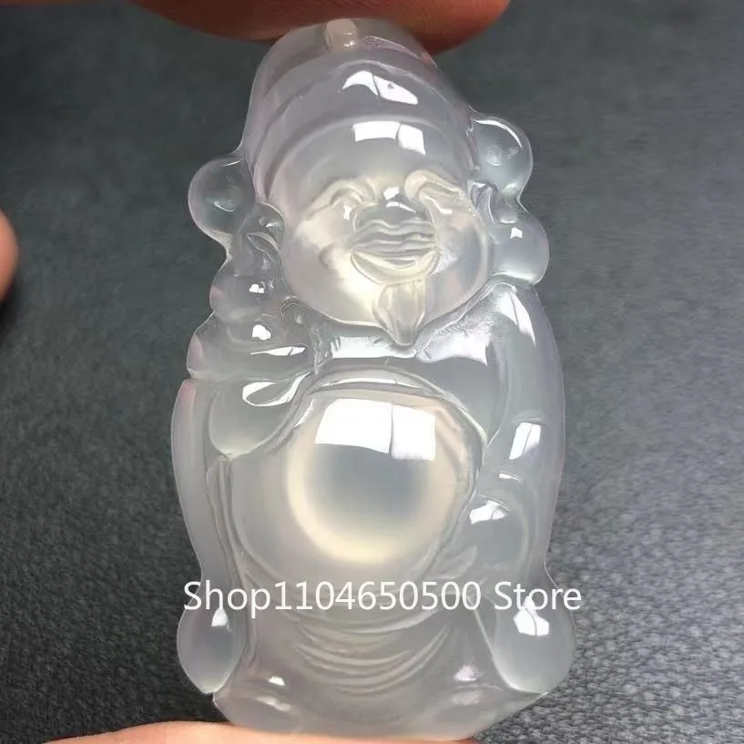 

Natural Icy Chalcedony Agate Mini Wealth God Pendant Jade Lucky Amulet Jewelry