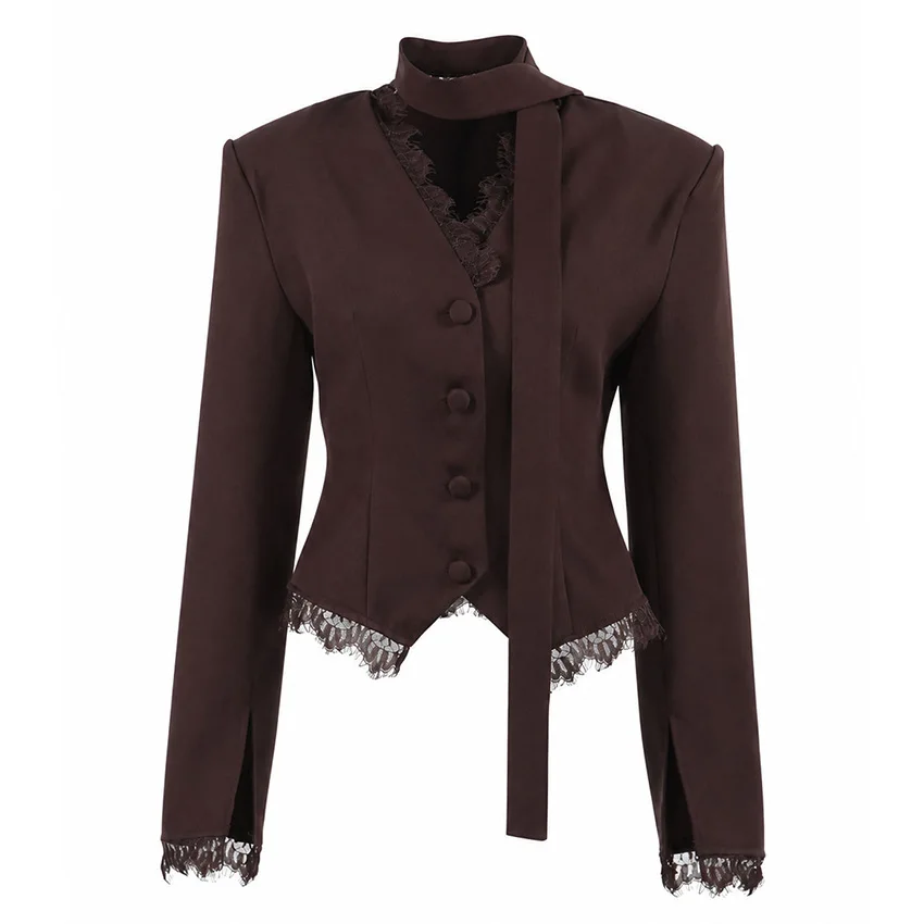 Original Lace Design Workplace Blazers Spring and Autumn Women's Elegant Slim Office Meetings Casual V-neck Long Sleeved Jacket