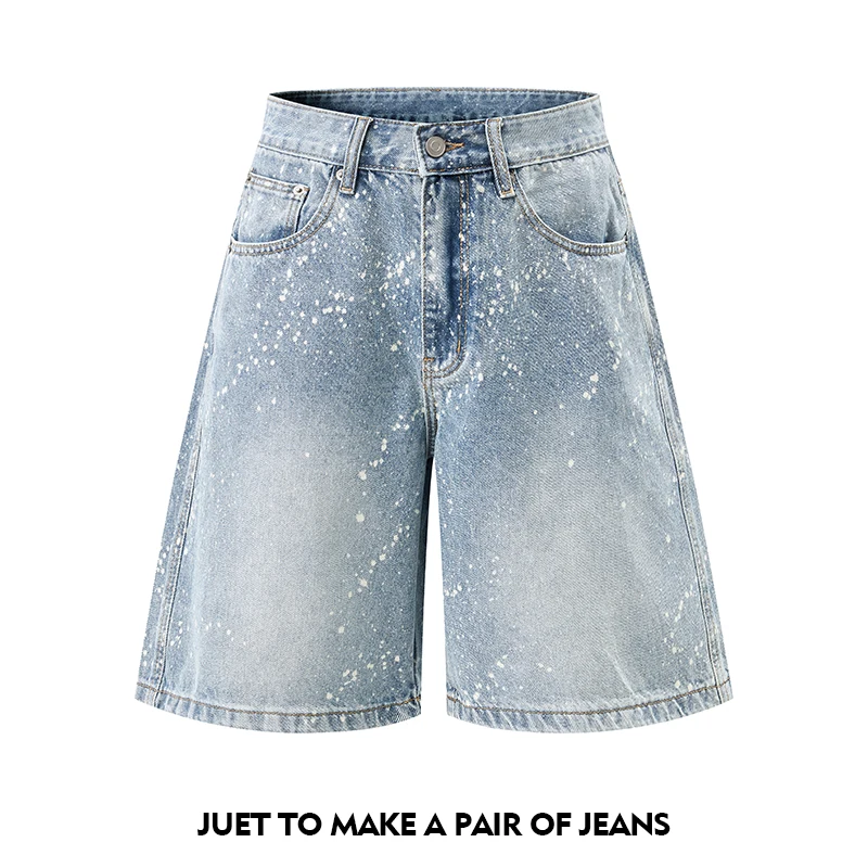 Vintage Japanese Street Style Men's Denim Shorts Rhinestone Embellished Splatter Print Loose Fit Casual Knee-Length Jeans