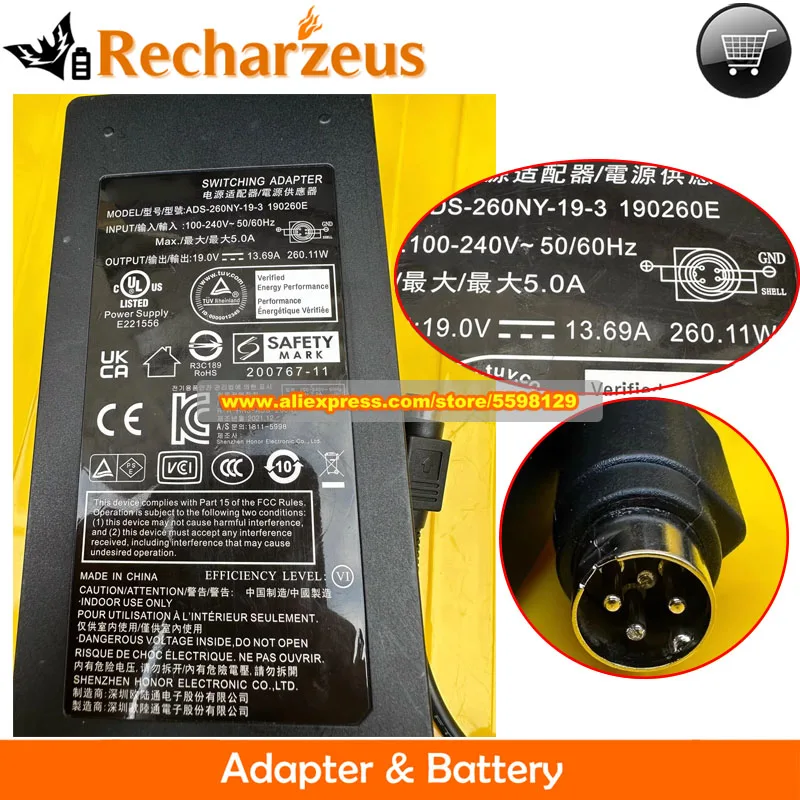 ADS-260NY-19-3 190260E AC Adapter 19V 13.69A 260.11W for Hoioto TCL 32R84 Monitor Power Supply 7.4x5.0mm 4-Pin