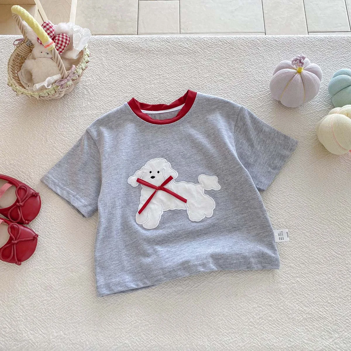 Korean summer girls cute puppy bow short sleeve top, girls summer comfortable versatile short sleeve, very suitable for going ou