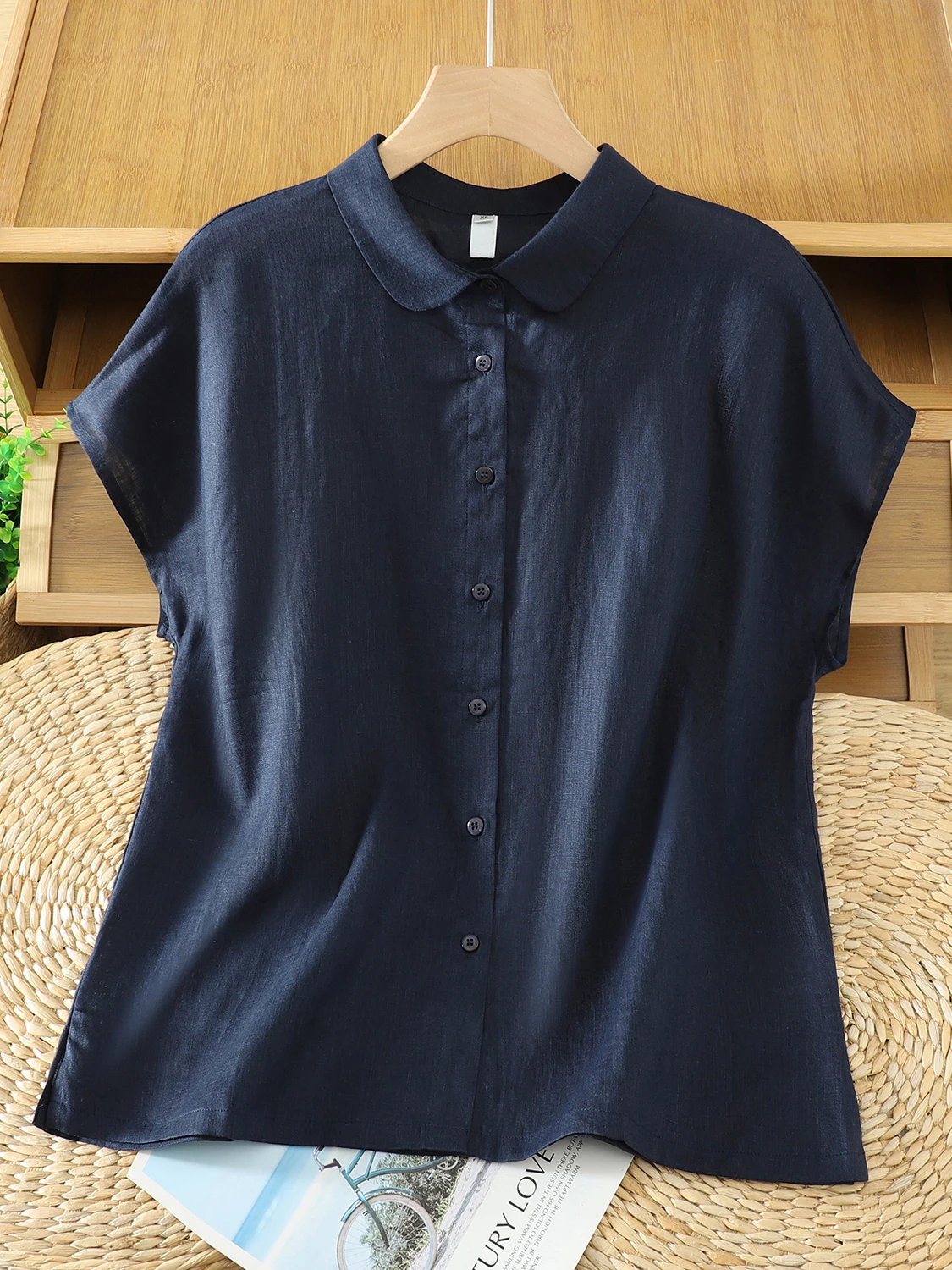 

Повседневная женская рубашка из хлопка и льна с коротким рукавом, модная, универсальная, свободного кроя, для офиса, с воротником, на пуговицах