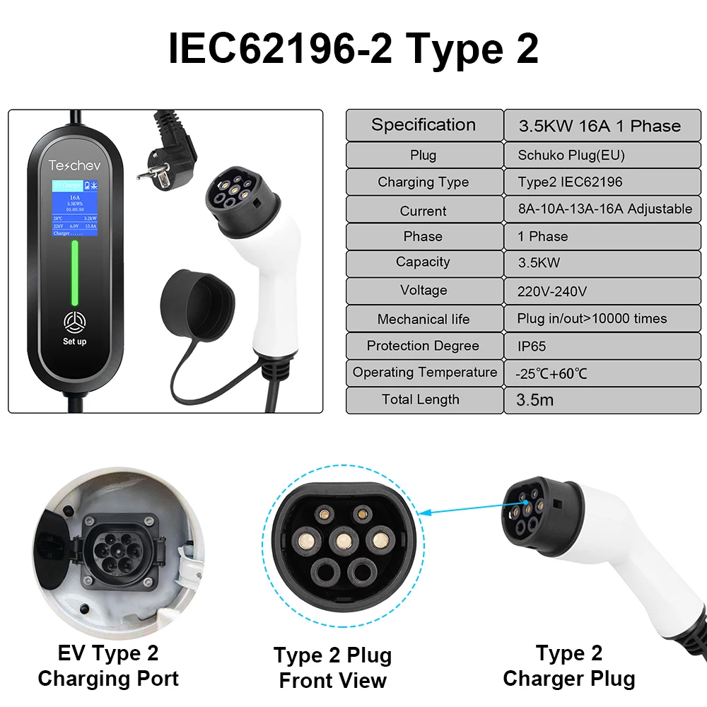 Teschev-Chargeur EV Portable pour Véhicule Électrique, Boîtier de Charge Vope2, GBT EVSE, J1772 Vope1, 3,5 KW, 16A