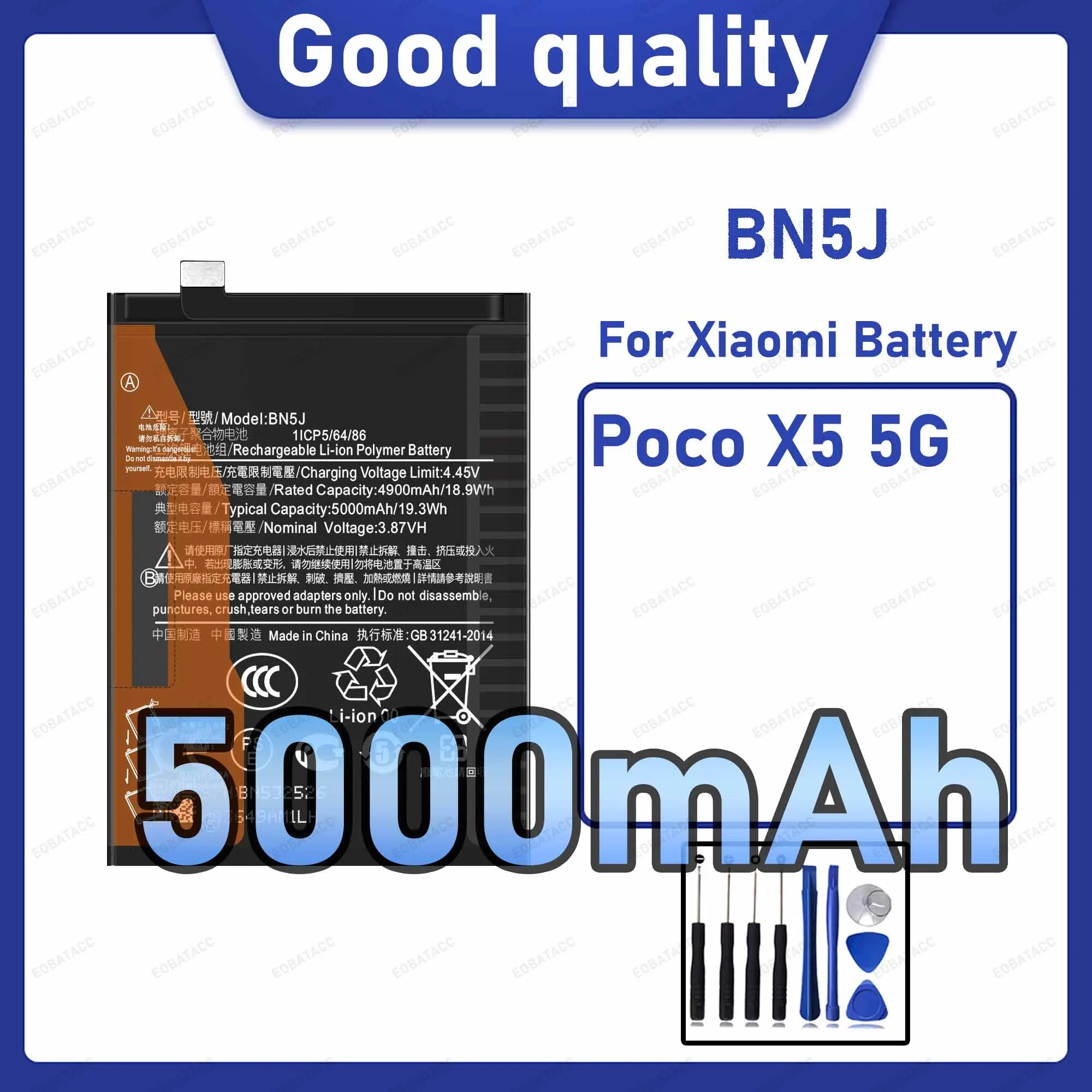 

5000mAh BN5J Replacement Battery for Xiaomi Poco X5 5G with Repair Tools Kit