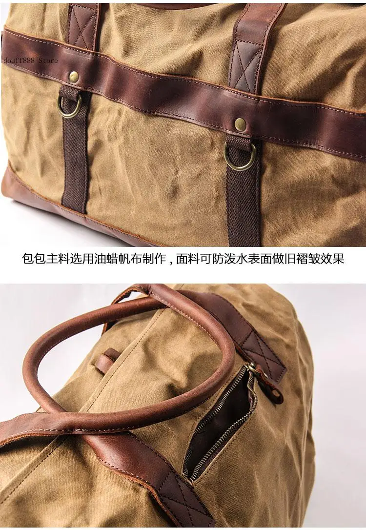 Travel Large Capacity Waterproof Oil Wax Cowhide Canvas Crossbody Carrying Luggage Bag for Men