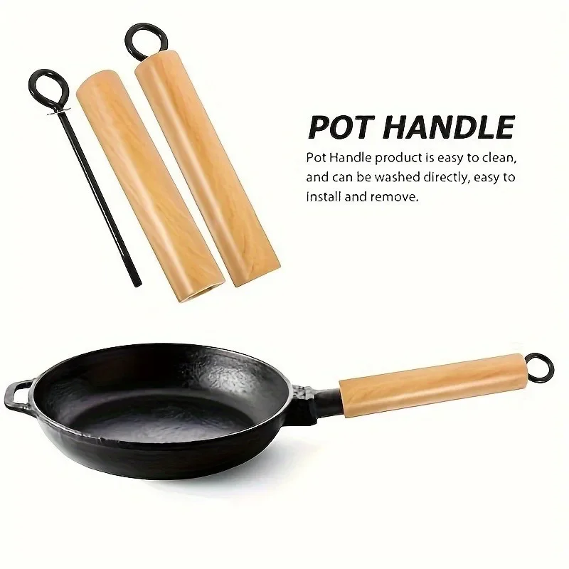Wok and Skillet with Detachable Beechwood Handle - Khaki Non-Stick Pan, Heat-Resistant Wooden Grip
