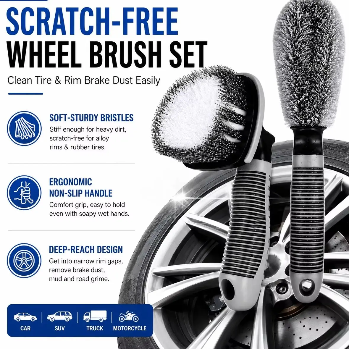 L‑Shape Car Tire Wheel Brush Non‑Slip Handle Mixed Bristles Auto Detailing Cleaning Tool