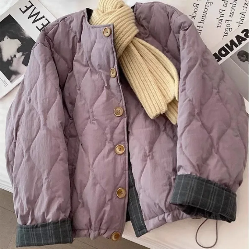 American Retr Rhombus Round Neck Single-breasted Cotton Clothes Women's Autumn and Winter Unique Chic Loose Bread Clothes Jacket