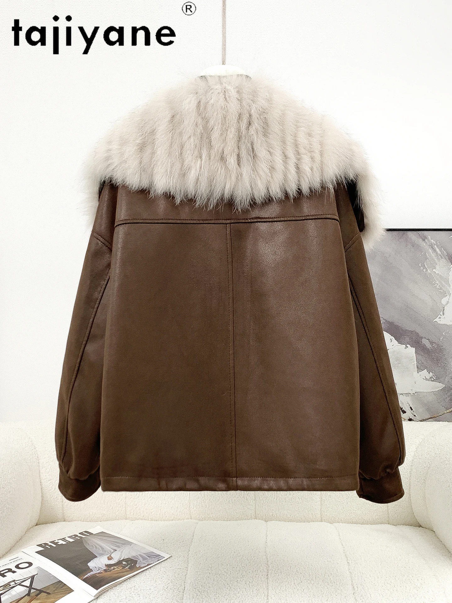TAJIYANE أوزة أسفل معاطف النساء شيك الثعلب الفراء طوق سترات من جلد الغزال قسط الإناث ملابس خارجية الشتاء ملابس امرأة 2025 ropa mujer