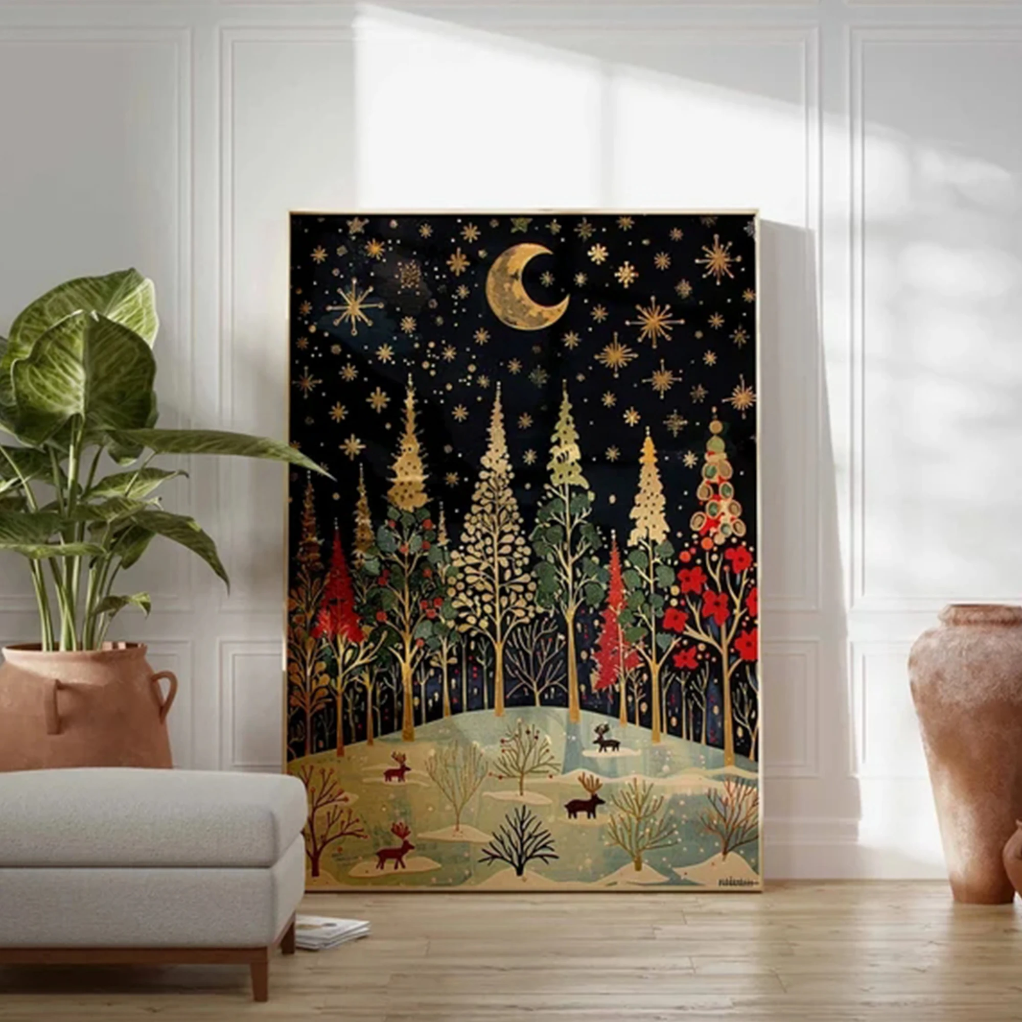 Retro Christmas Jungle Moonlight Wall Art Print Canvas Painting Poster Picture For Living Room,Bedroom Home Decor