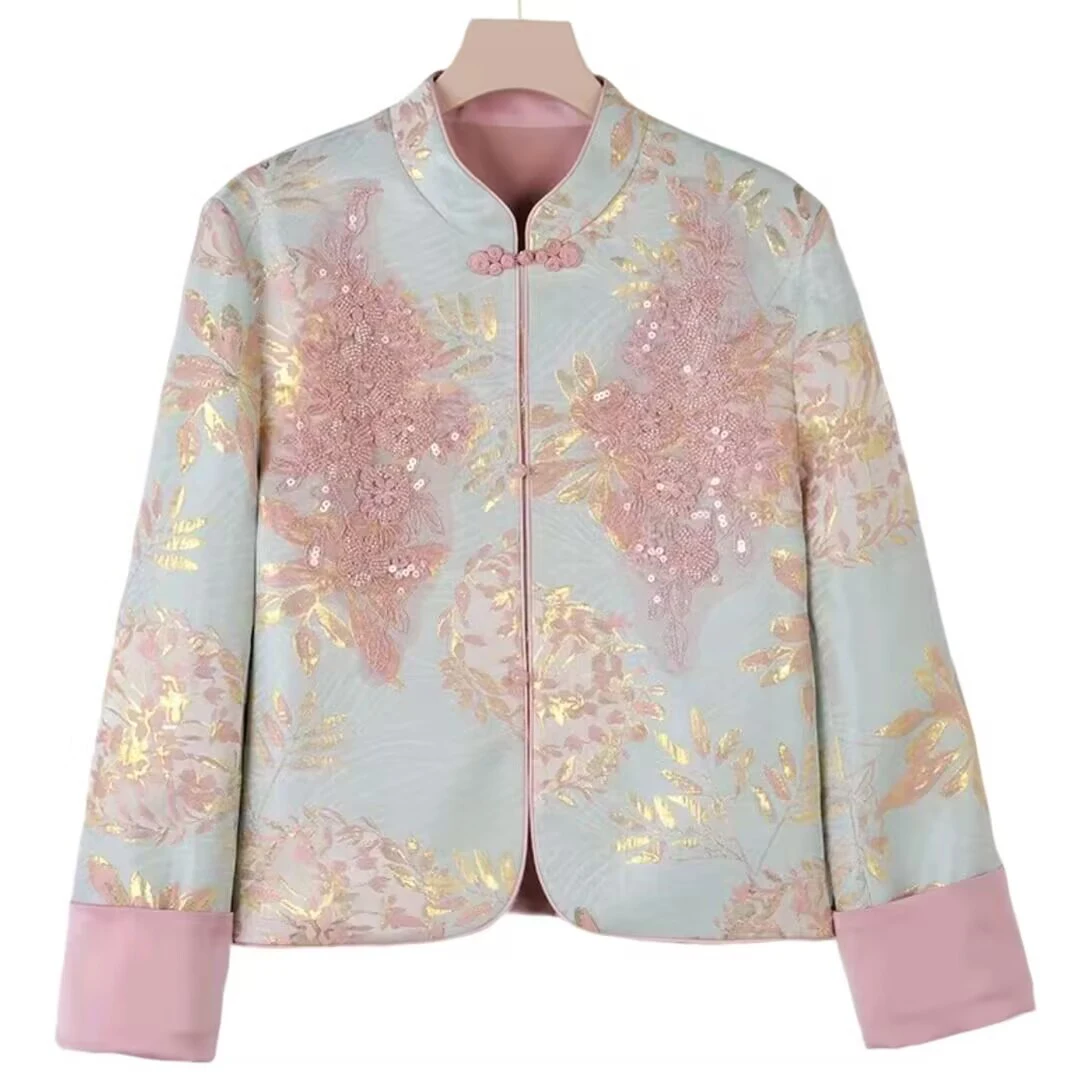 Heavy Industry Chinese Style Coat Women's 2025Spring Fashion Short Beaded Three-dimensional Coat Elegant New Vertical Collar Top
