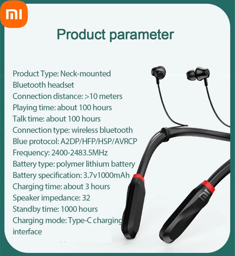 Xiaomi I35 سماعات بلوتوث 5.1 سماعات أذن رياضية مدمجة في هيئة التصنيع العسكري شريط حول ياقة الملابس سماعة أذن استريو سماعة لتشغيل