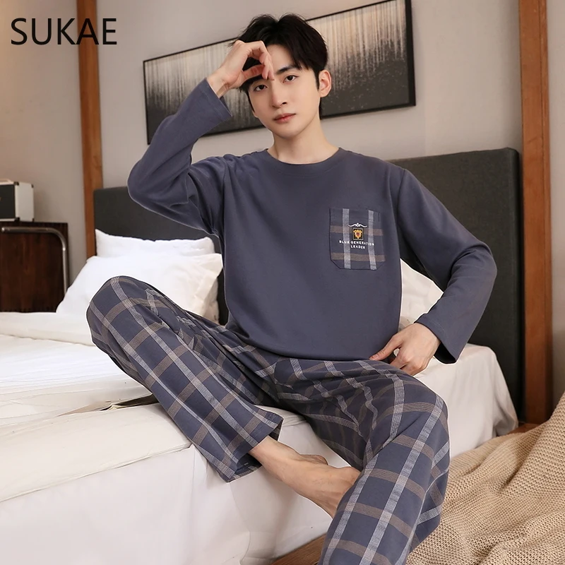 SUKAE Mens Cotton Pajamas Set Autumn Winter Leisure Long Sleeves Sleepwear L-5XL Big Nightwear Boy Pijama Gentleman Homesuit