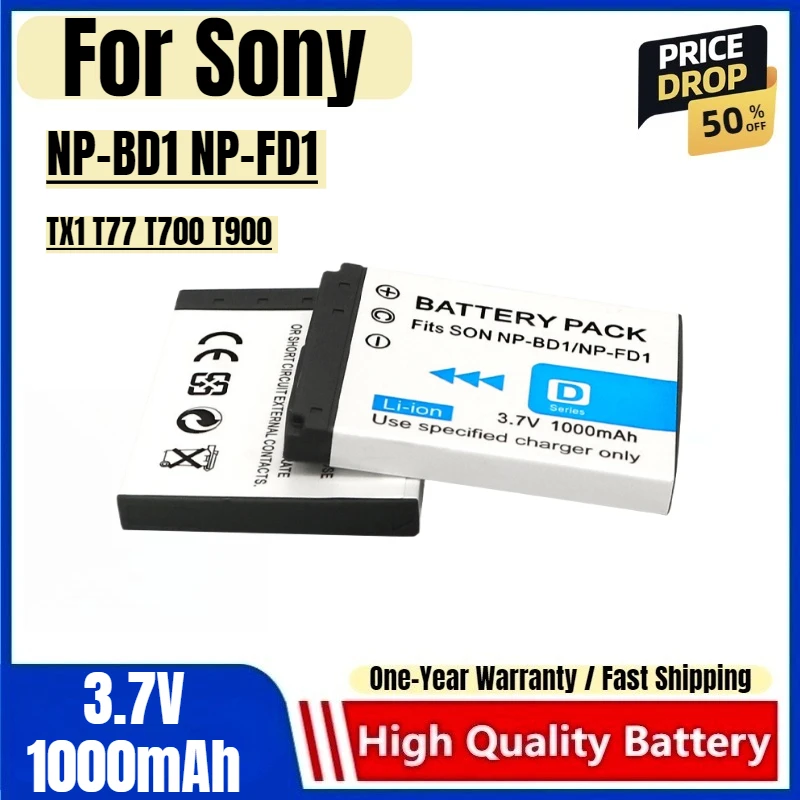 

NP-BD1 NP-FD1 Battery 3.7V 1000mAh Rechargeable Batteries and Charger for Sony TX1 T77 T700 T900 Camera Batter