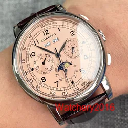 42mm CORGEUT Luxury Brand White Dial Day Coffee Strap Multifunction Black Leather Sport Automatic Mens Watch