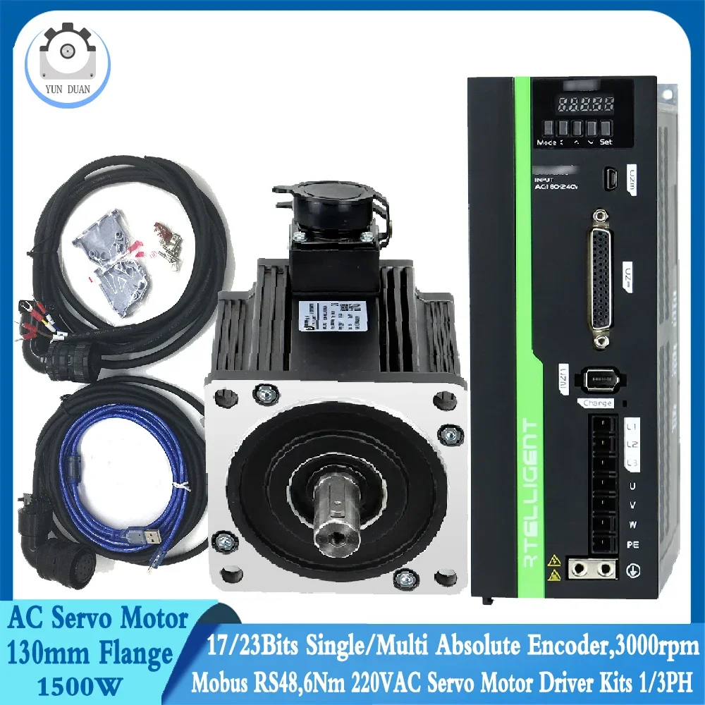 220V AC Servo Motor 1500W 130mm Flange 17/23bit Absolute Encoder Driver 2500RPM 6NM Modbus RS485 1.5KW Servo Motor Driver Kits