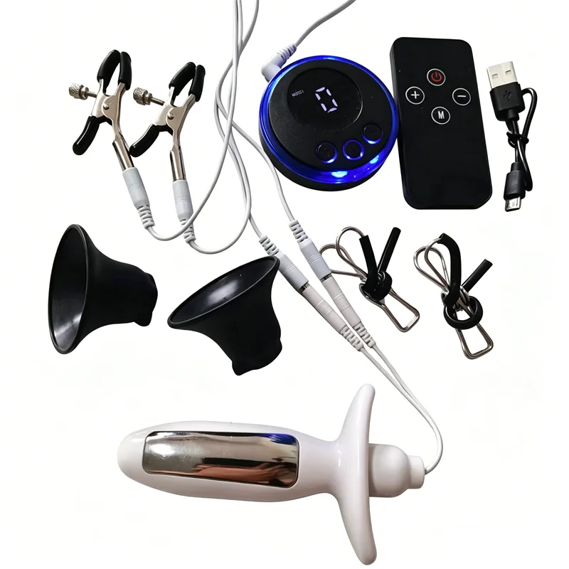 8 Modes Electric Shock Anal Butt Plug Sex Toys for Men Women Metal Nipples Clips Silicone Breast Sucker Pumps Adult Games