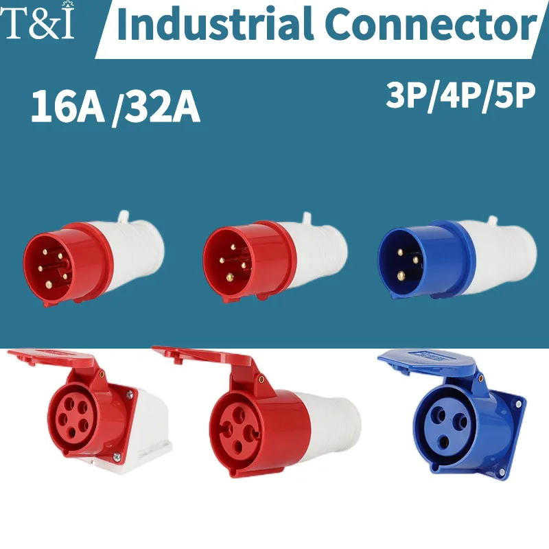 1 PCS 16/32A Aviation Industrial Plug Inclined Socket Male&Female Connector 3/4/5P Surface/Concealed Installation Without Wire