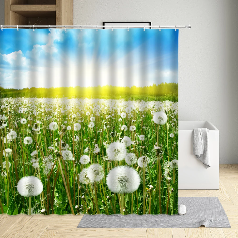 

Dandelion Shower Curtains Spring Flower Plants Butterfly Scenery Waterproof Bath Curtains Hooks Home Bathroom Decor Cloth Screen