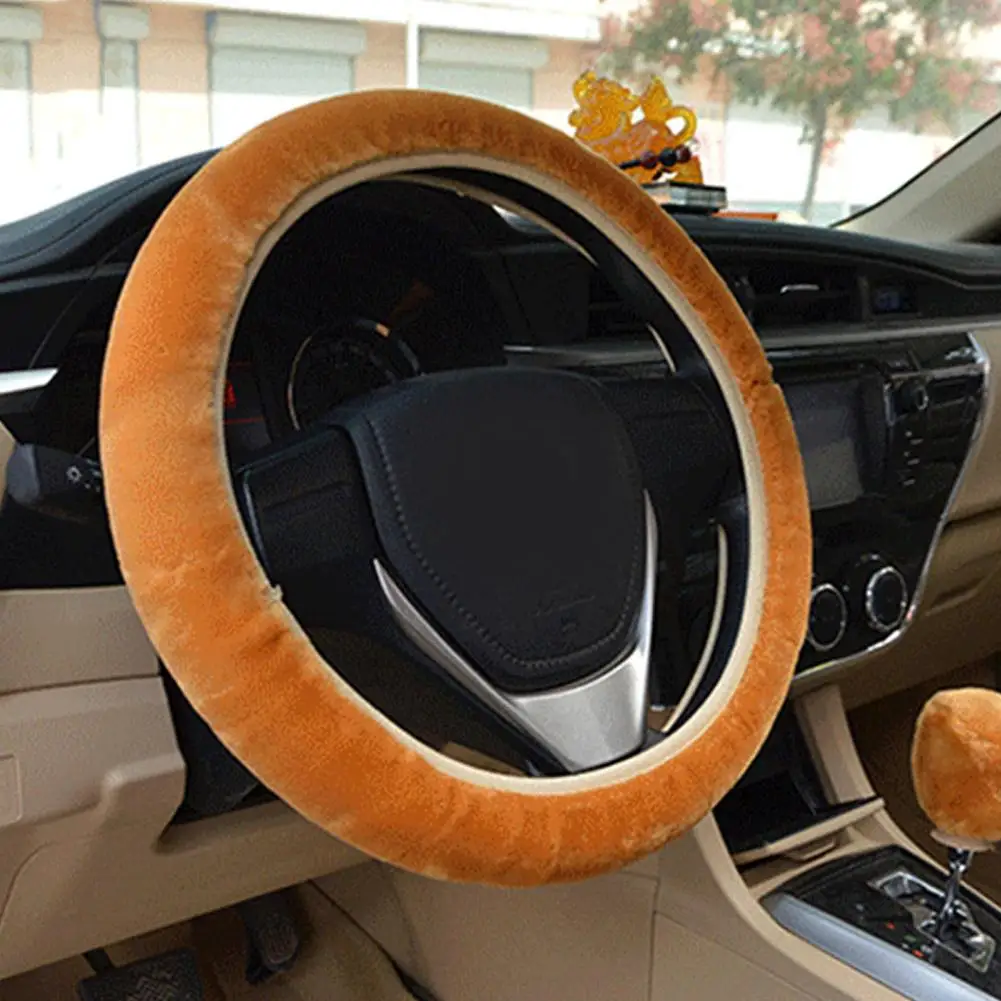 

1Pcs Soft Plush Car Steering Wheel Cover Gearshift Handbrake Protective Case Decoration Warm Super Thick Plush Collar Soft Black