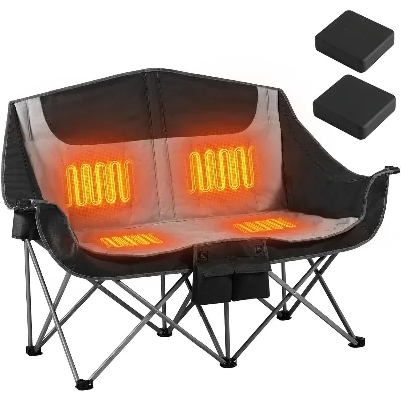 Heated Double Camping Chair, 2-Person Folding Camp Chair with 12V 16000mAh Battery Pack, Heated Portable Loveseat Chair