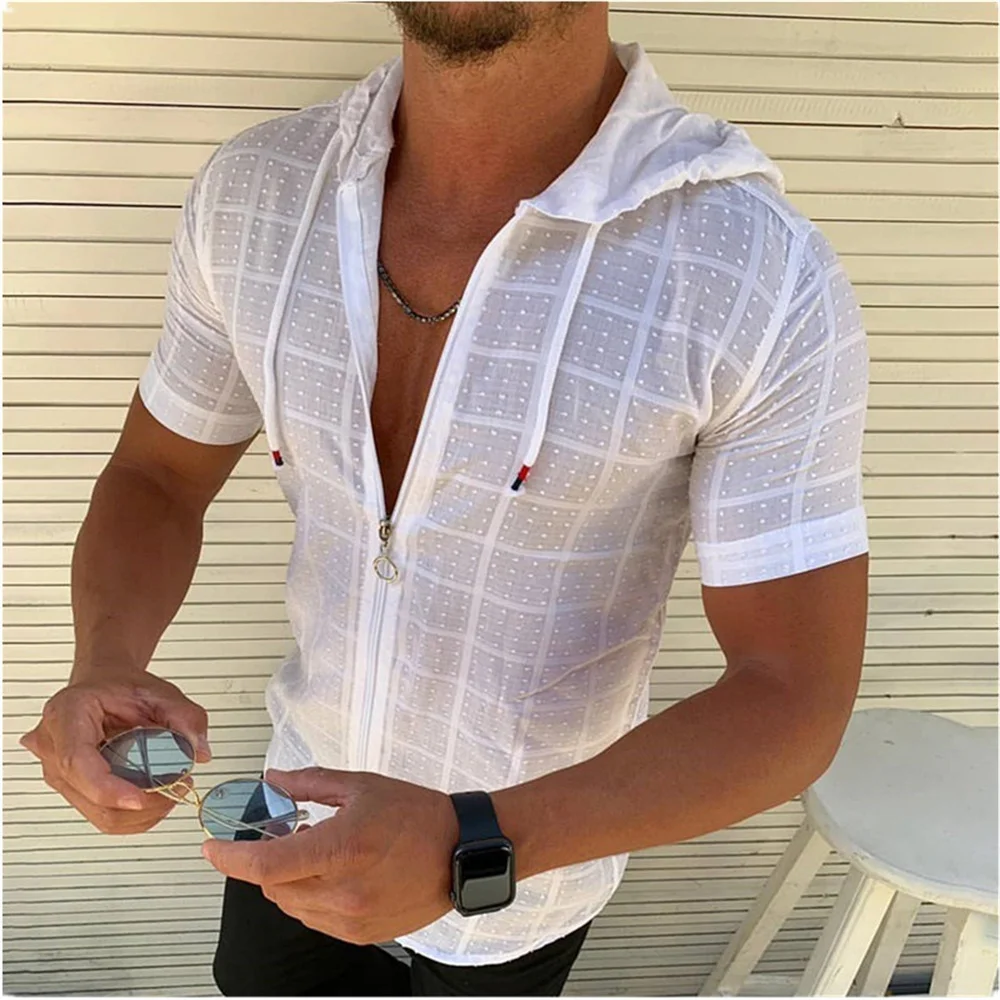 Hot selling fashion men\'s short sleeved zippered cardigan shirt for summer 2024 beach daily thin men\'s leisure clothing